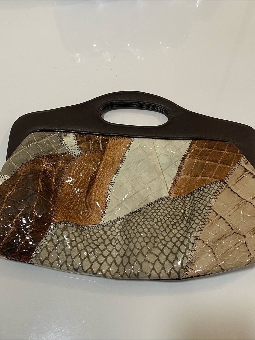 Patchwork Leather Wristlet Clutch in Brown and Cream
